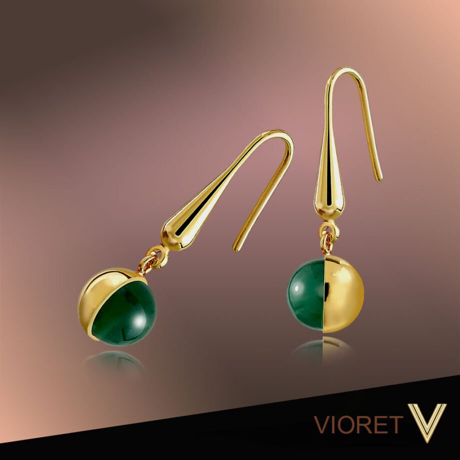 Pendientes Oro Luna Arpón con piedra semipreciosa de ágata verde