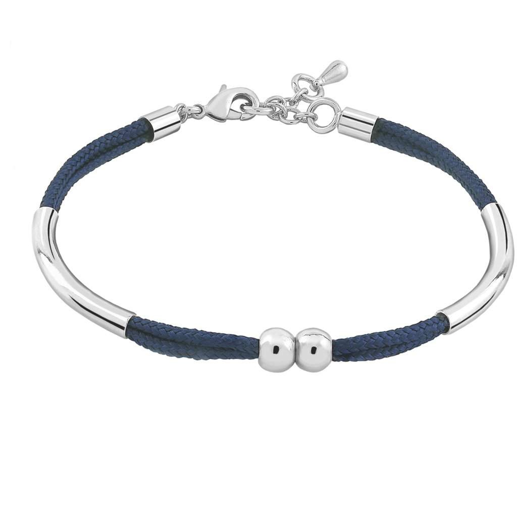 Pulsera Plata Alma Marino acabada de rodio en plata con cordón de seda azul marino