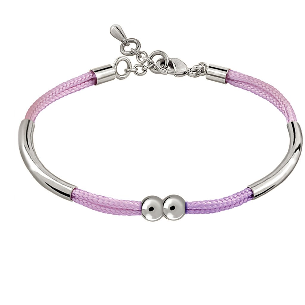 Pulsera Plata Alma Morado diseñado con cordón de seda y acabada de rodio en plata