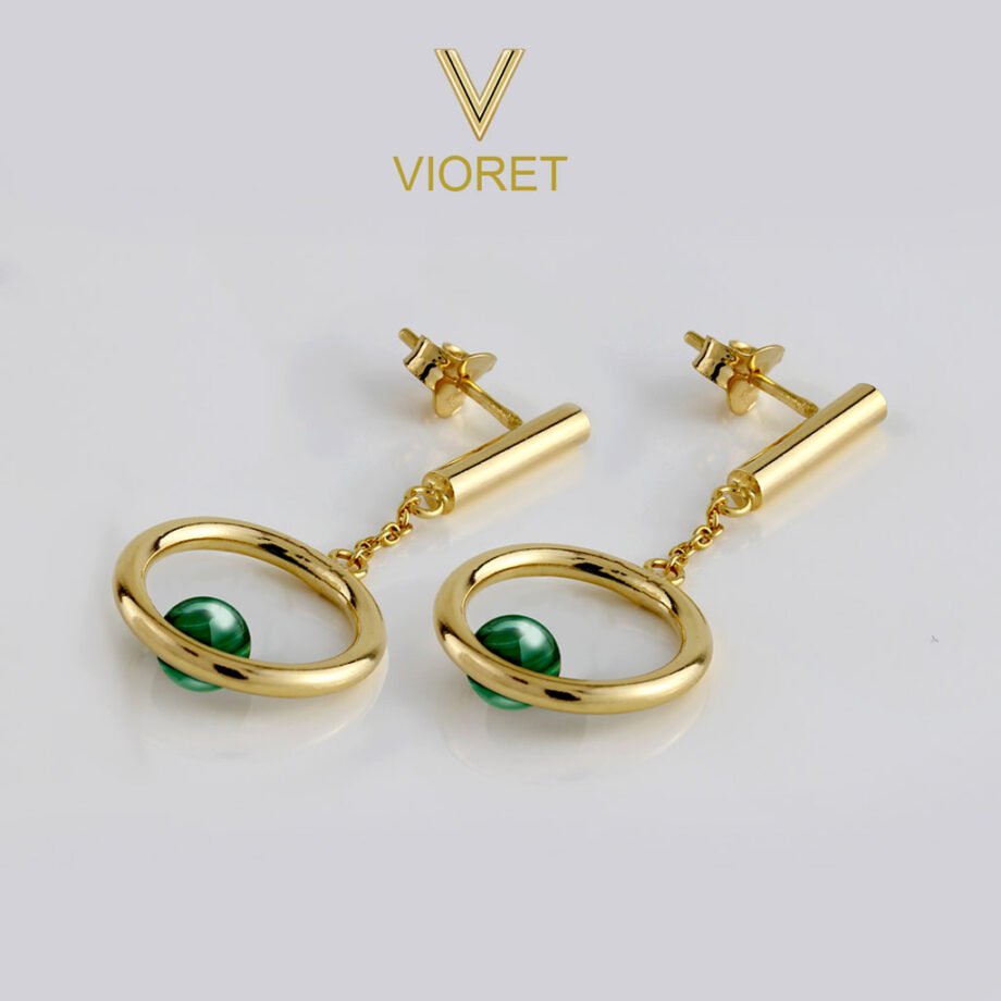 Pendientes Oro Emilia Malaquita diseñados por Vioret JoyasⓇ y acabados en oro vermeil