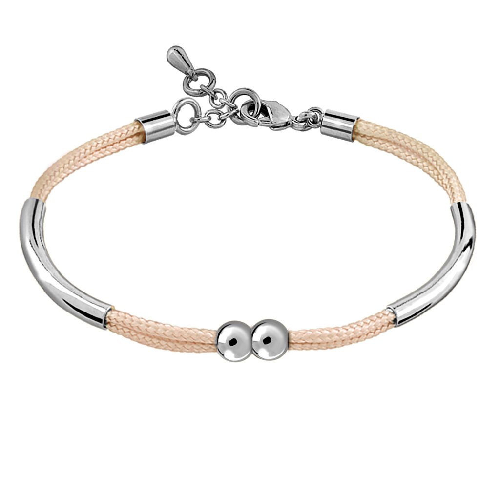 Pulsera Plata Alma Crema acabada de rodio en plata y formada por cordón de seda de color crema