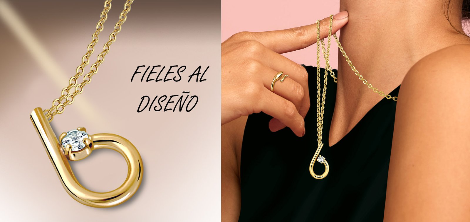 Mujer vestida de negro con el colgante oro seis acabado en oro de 18 quilates y diseñado por Vioret Joyas