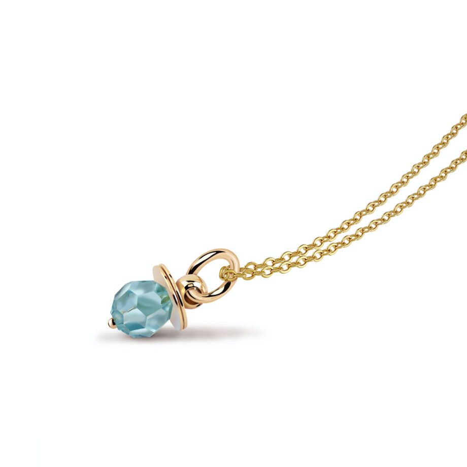 Colgante Oro Mamá Chupete Azul de lateral diseñado por VIORET JOYAS y chapado en oro de 18 quilates